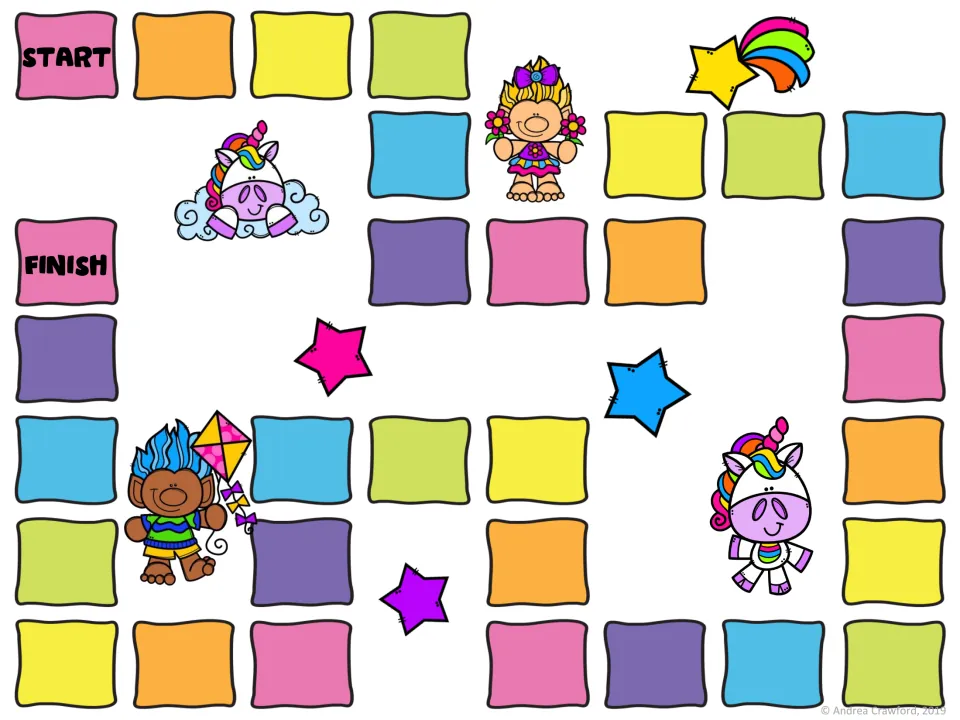 Color game board: players move along a START to FINISH path of colored spaces decorated with trolls and unicorns