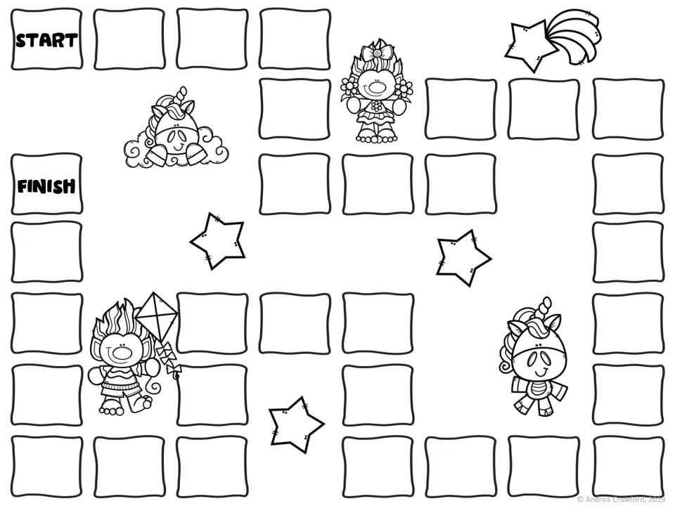 Black and white game board: START to FINISH path with troll, unicorn and star outlines that players move along
