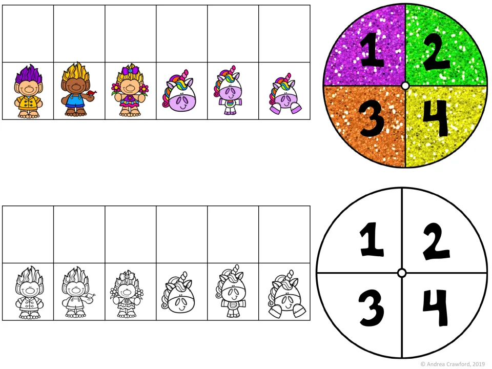 Game pieces and spinners: six troll and unicorn player markers, plus a 1 to 4 spinner, in color and black and white