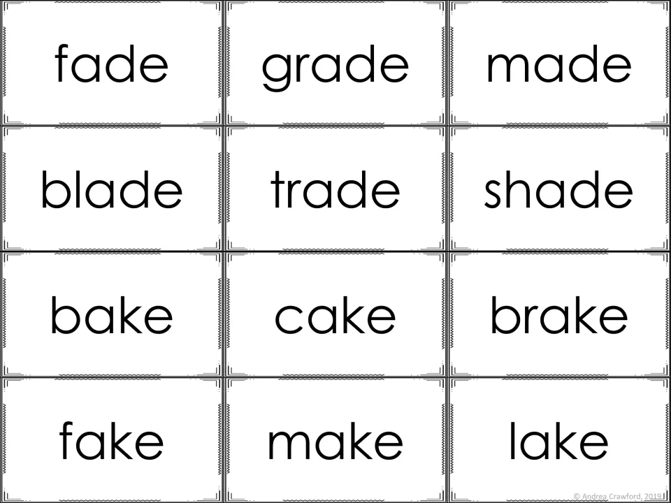 Long a silent e cards, -ade and -ake: fade, grade, made, blade, trade, shade, bake, cake, brake, fake, make, lake