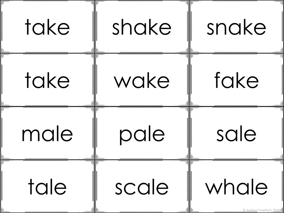 Long a word cards with -ake and -ale: take, shake, snake, take, wake, fake, male, pale, sale, tale, scale, whale