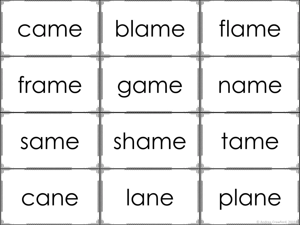 Long a word cards with -ame and -ane: came, blame, flame, frame, game, name, same, shame, tame, cane, lane, plane