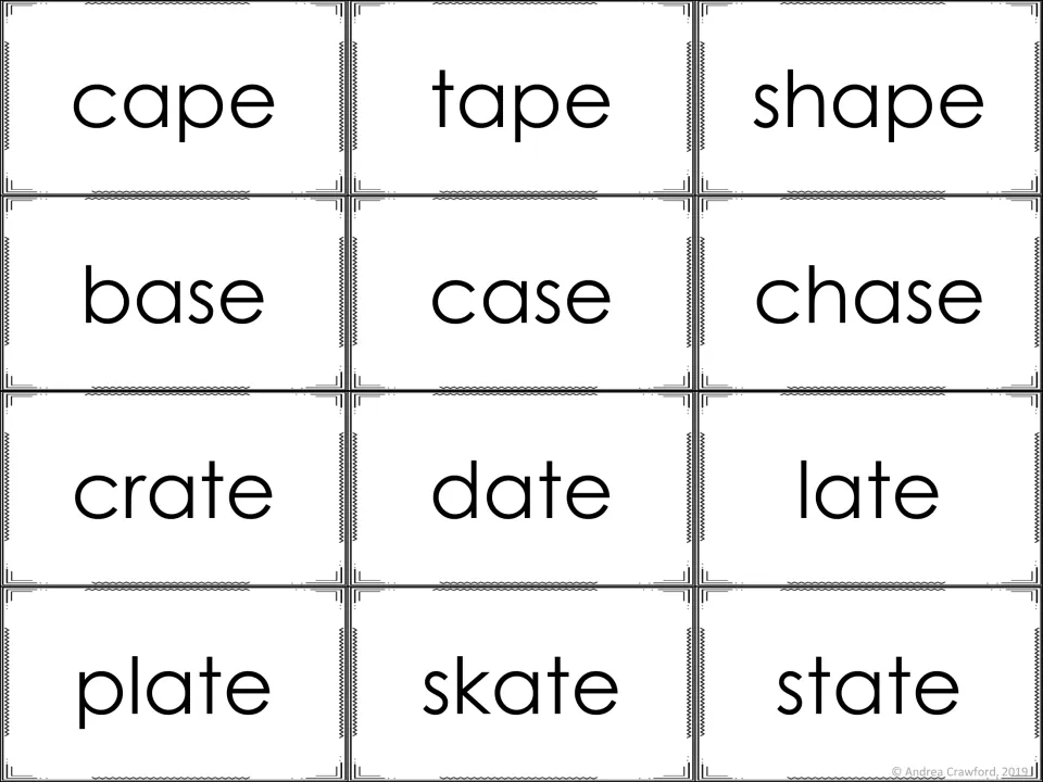 Long a cards, -ape, -ase, -ate: cape, tape, shape, base, case, chase, crate, date, late, plate, skate, state