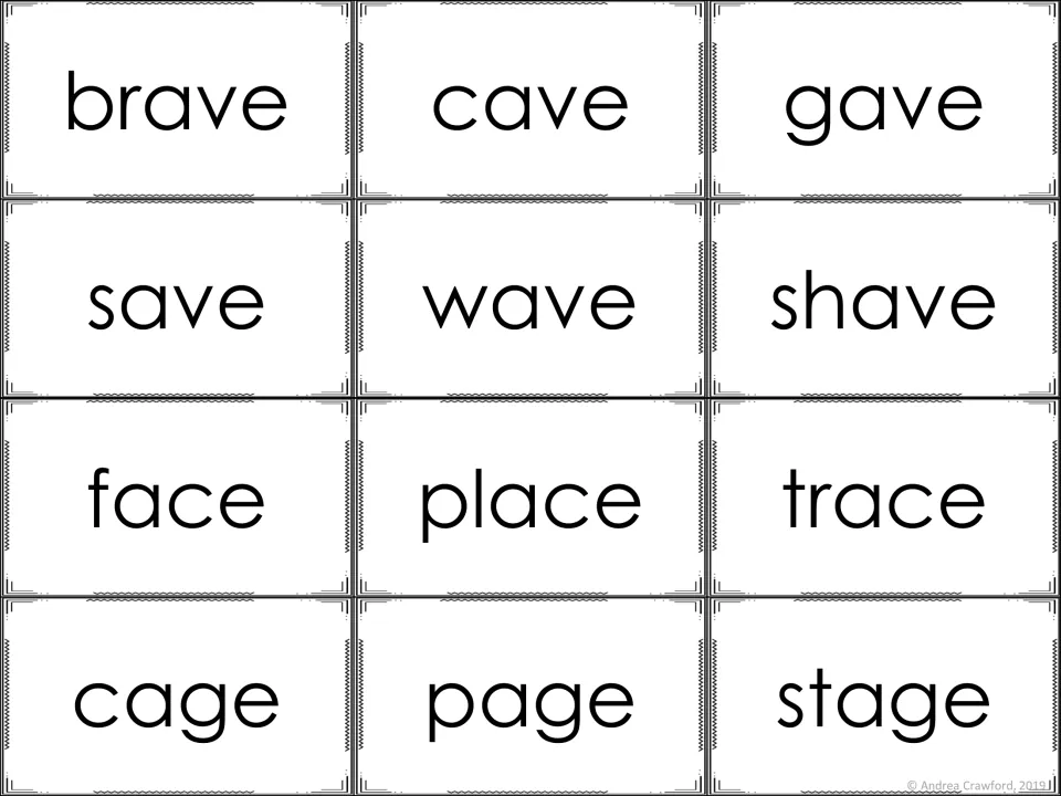 Long a cards, -ave, -ace, -age: brave, cave, gave, save, wave, shave, face, place, trace, cage, page, stage