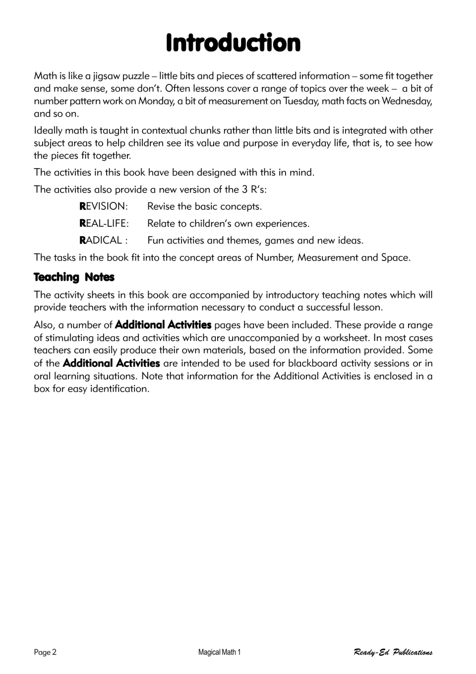 Introduction explaining revision, real-life connections, and activities covering Number, Measurement, and Space