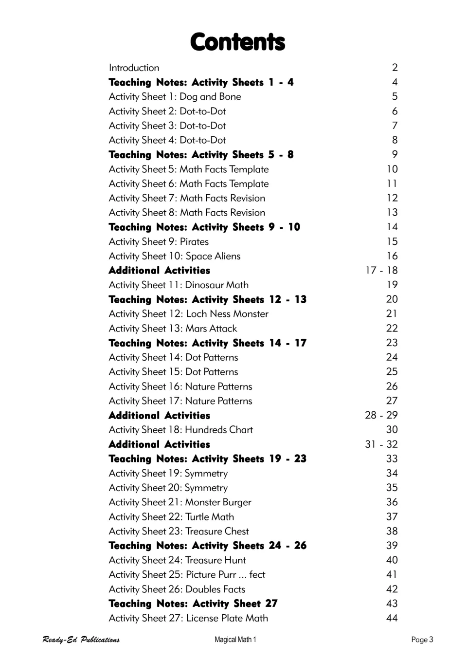Contents listing 27 activity sheets, from Dog and Bone to License Plate Math, plus notes and additional activities