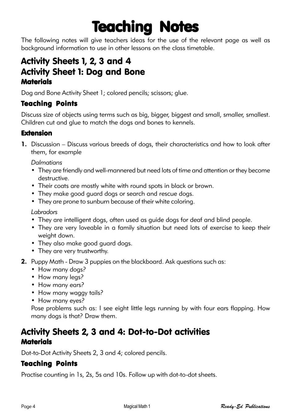 Teaching notes for sheets 1–4: matching dogs and bones by size and practicing counting in 1s, 2s, 5s, and 10s