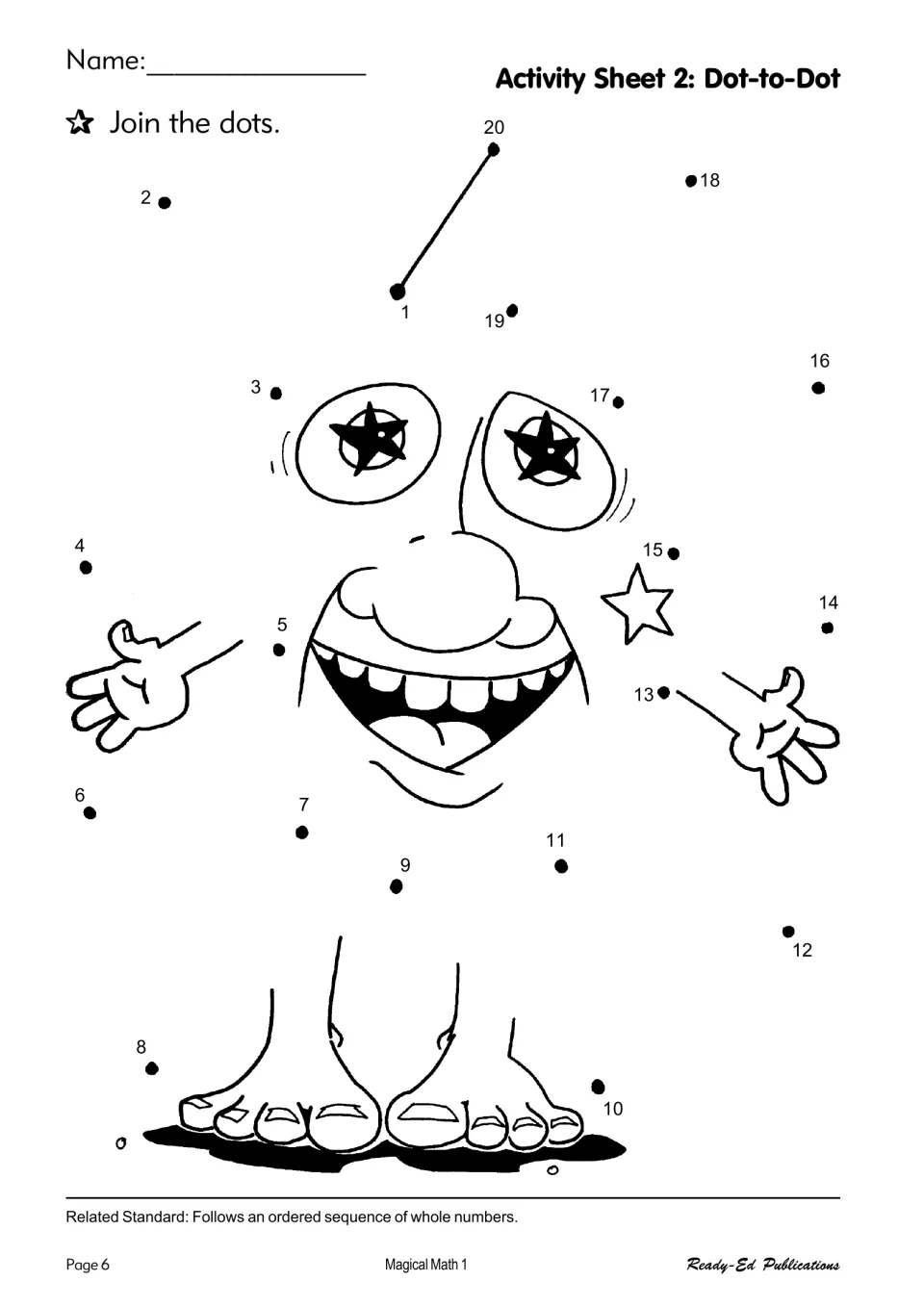 Activity sheet 2: join dots numbered 1–20 to complete a character and practice whole-number sequencing