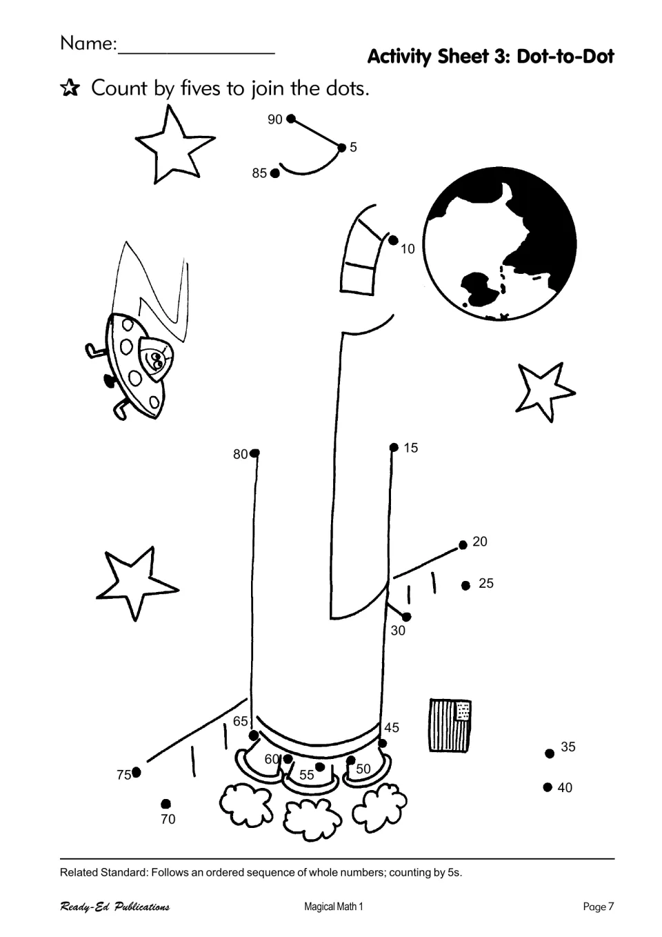 Activity sheet 3: count by fives from 5 to 90 to join the dots and complete a rocket in a space scene
