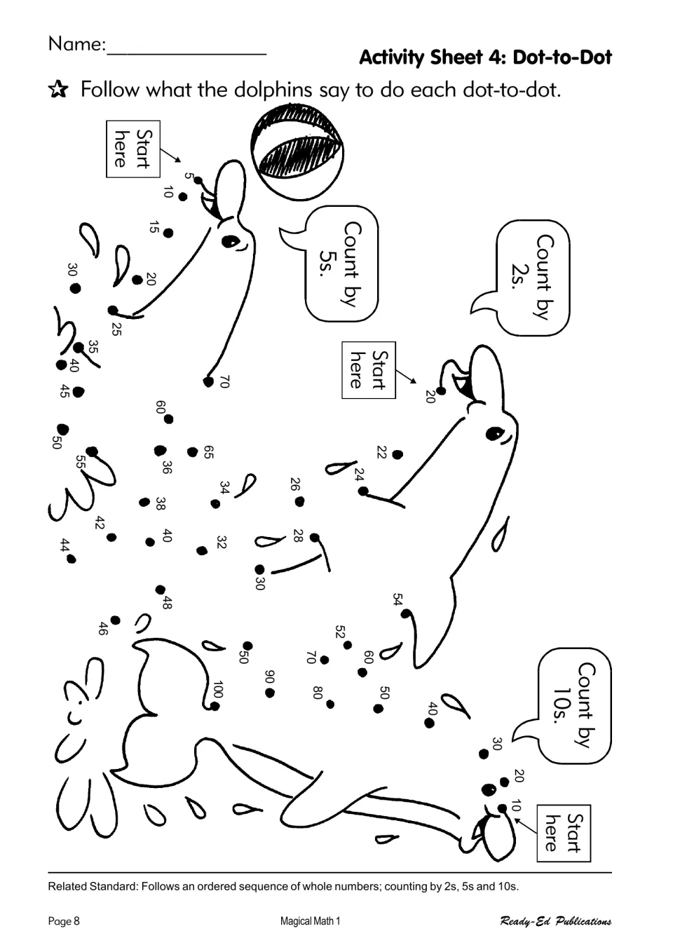 Activity sheet 4: complete three dolphin dot-to-dot pictures by following counting directions for 2s, 5s, and 10s