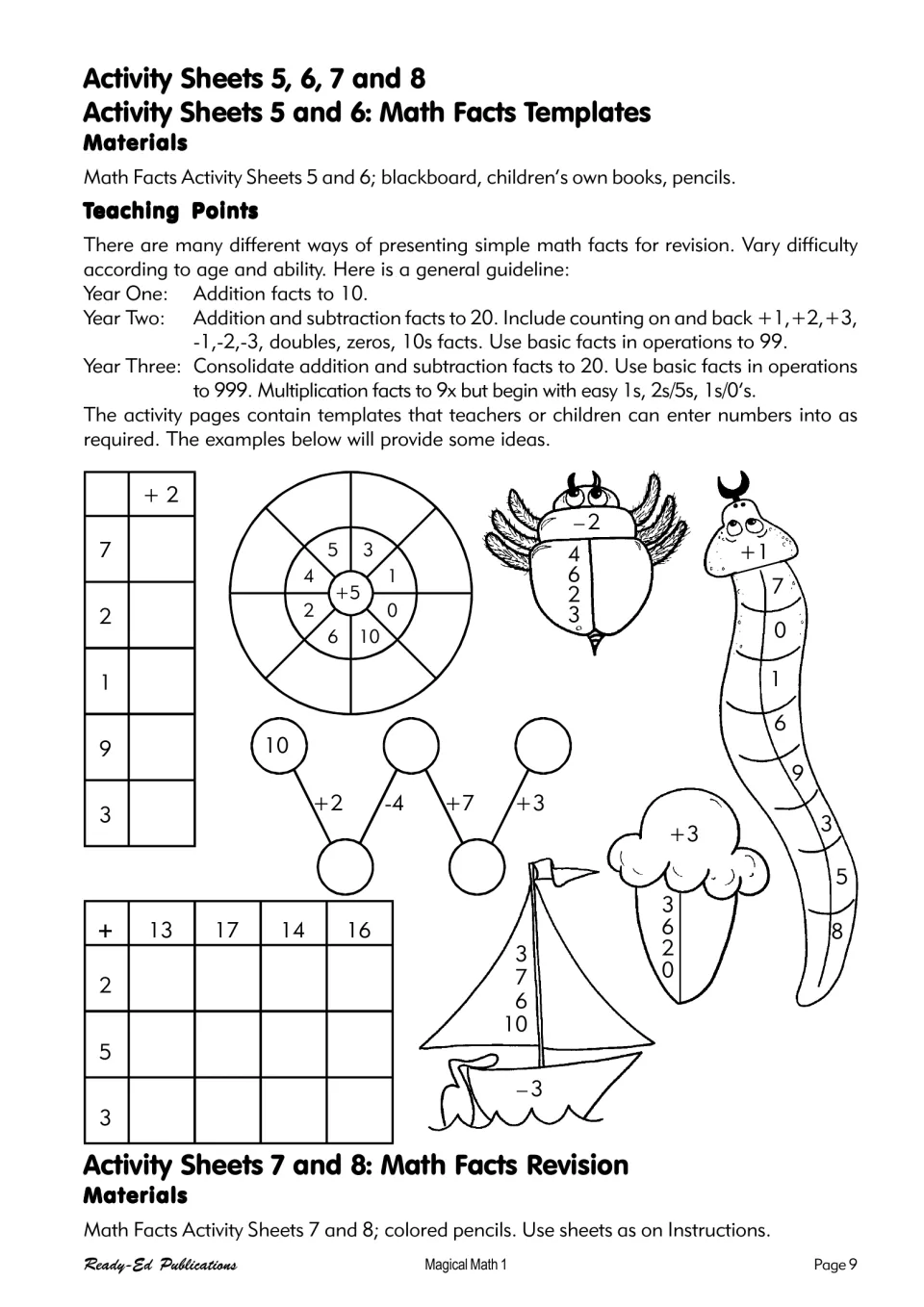 Teaching notes for sheets 5–8: math facts templates, addition and subtraction examples, and revision materials
