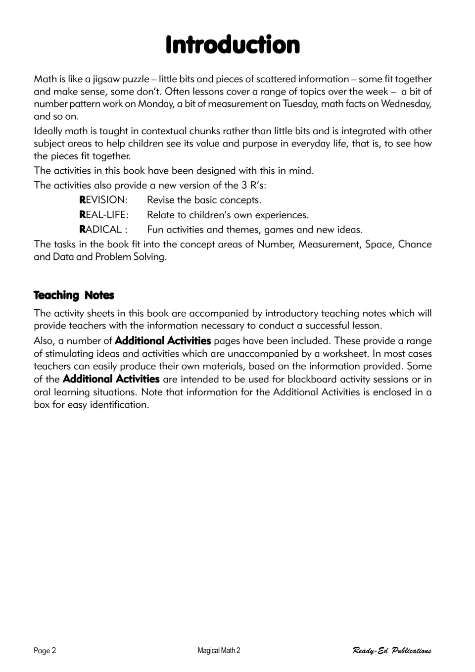 Introduction: the 3 R's (Revision, Real-Life, Radical) and concept areas from Number to Problem Solving