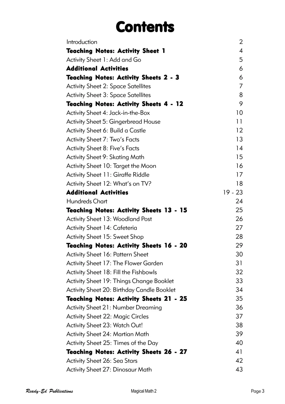 Contents: teaching notes and 27 activity sheets, from Add and Go (page 5) to Dinosaur Math (page 43)