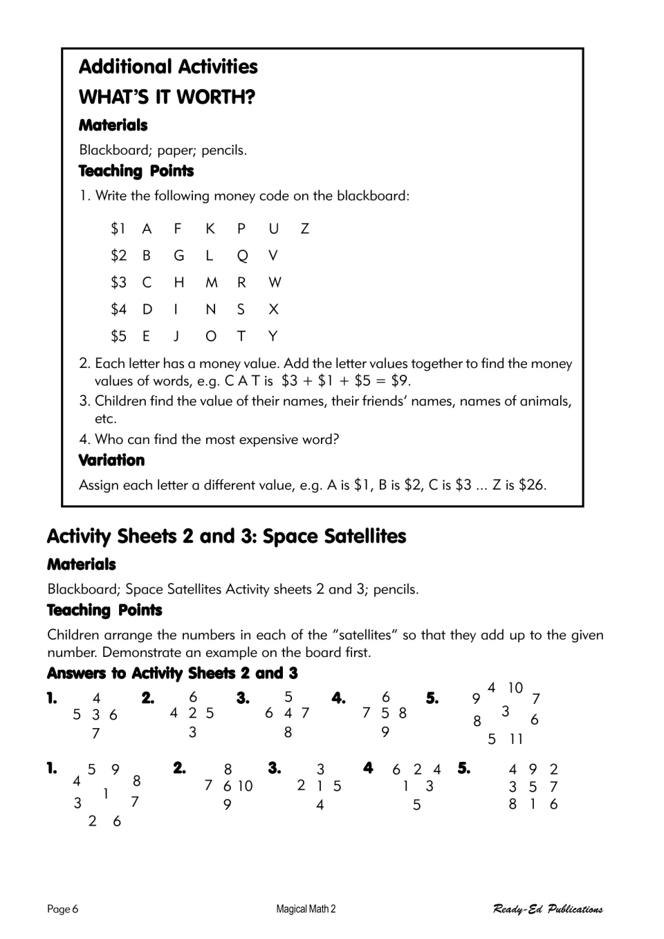 What's It Worth? letter money code activity, plus notes and answers for Space Satellites sheets 2–3