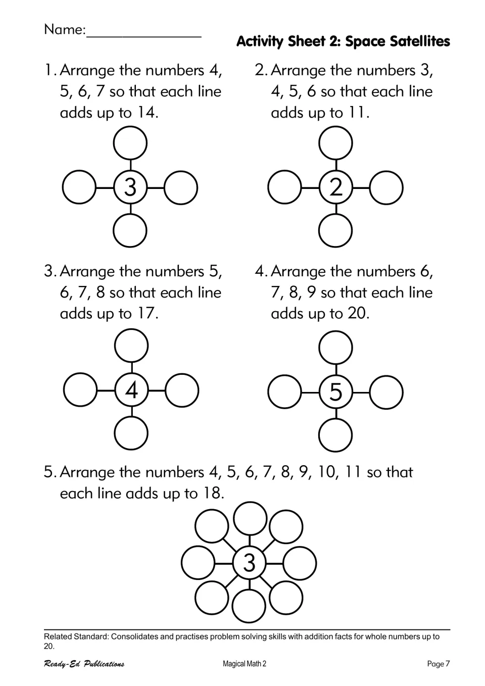 Activity Sheet 2, Space Satellites: arrange numbers so each line adds up to 14, 11, 17, 20 and 18