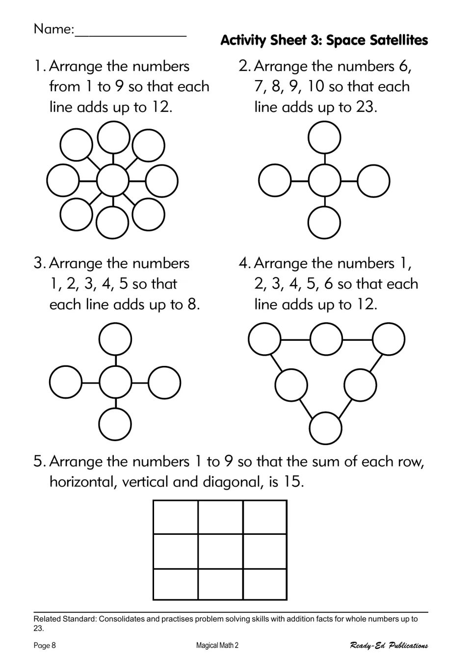 Activity Sheet 3, Space Satellites: lines adding to 12, 23, 8 and 12, plus 1 to 9 in rows that each total 15