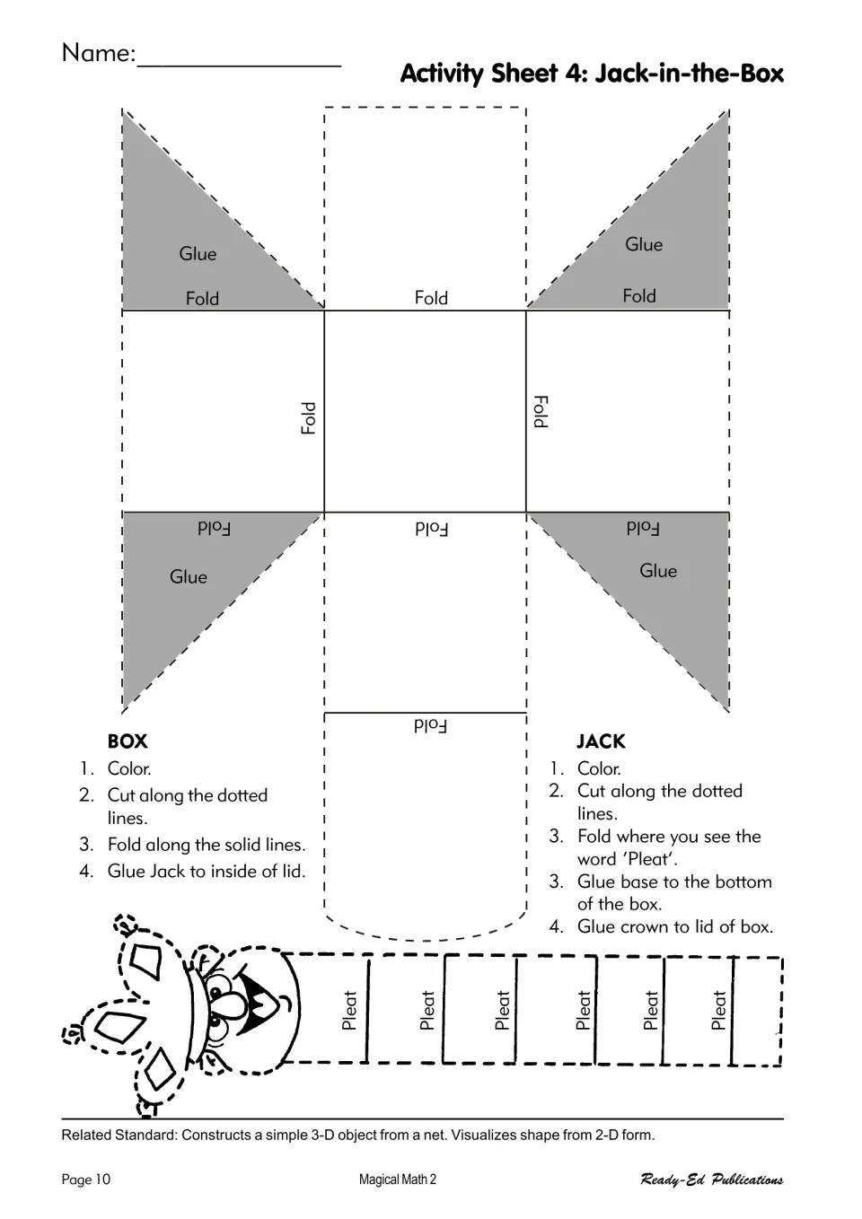 Activity Sheet 4, Jack-in-the-Box: net to color, cut, fold and glue into a box, with a pleated Jack figure