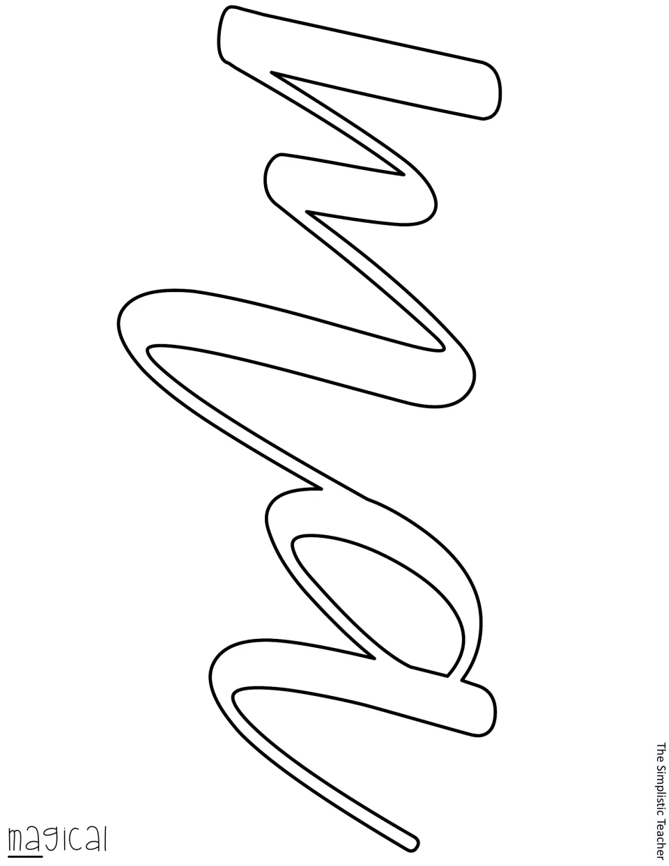 Cut-out letter template: large outlined cursive ma, the first piece of the word magical for tracing and cutting