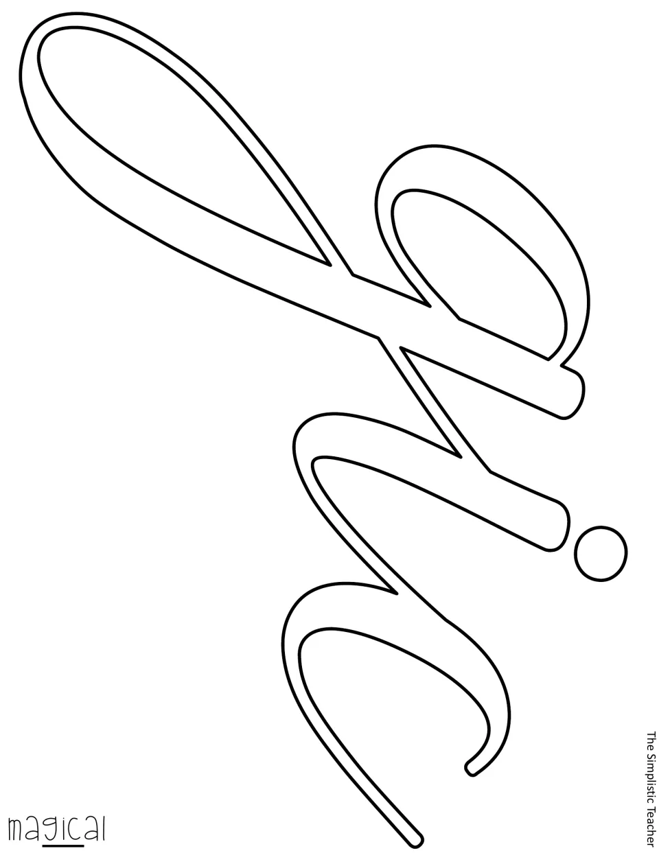 Outlined cursive gic cut-out piece, the middle section of magical, with a guide word marking the letters shown