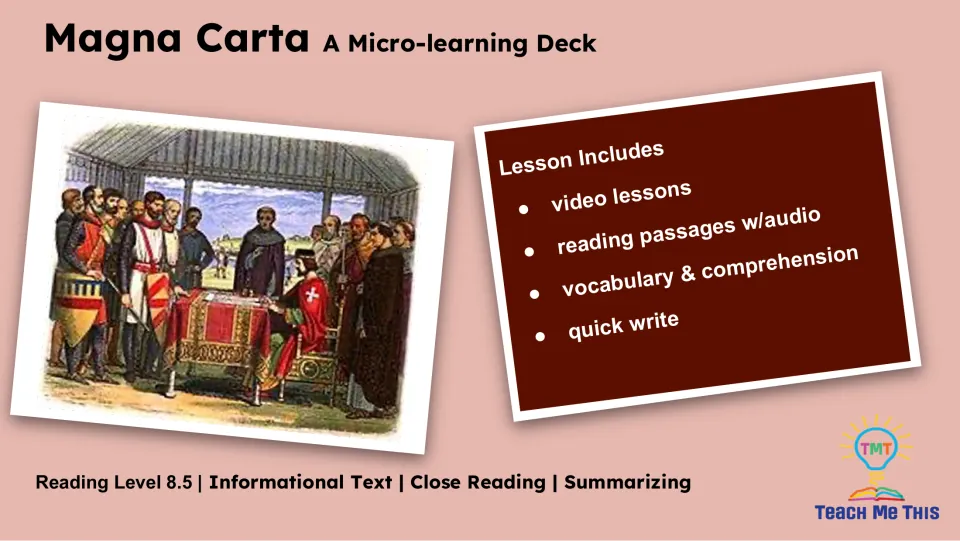 Lesson overview lists video lessons, reading passages with audio, vocabulary, comprehension, and a quick write