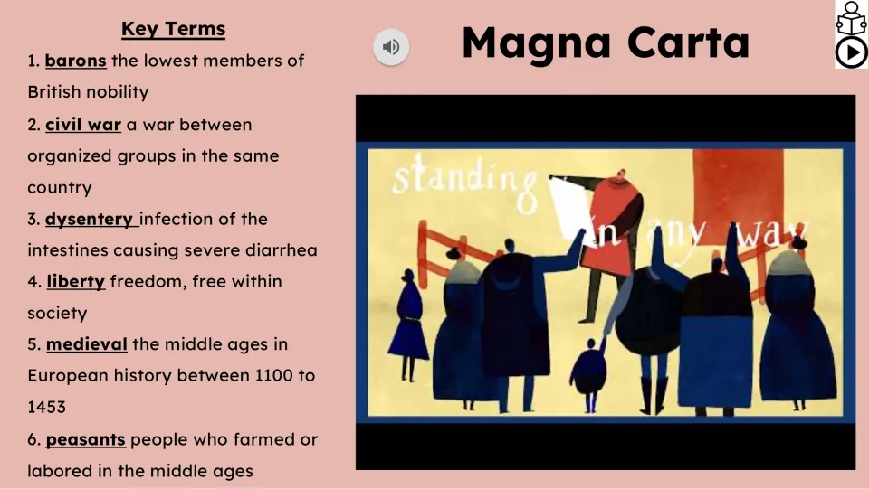 Vocabulary and video slide defines barons, civil war, dysentery, liberty, medieval, and peasants