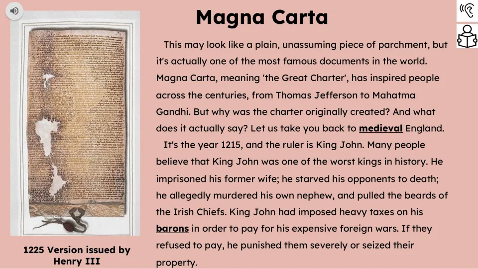 Reading passage opening introduces the Great Charter and describes King John's heavy taxes and punishments