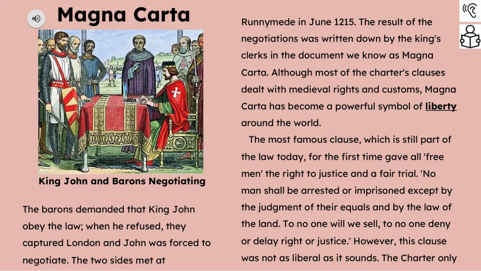 Reading passage continues with the barons' rebellion, negotiations at Runnymede, and rights of free men