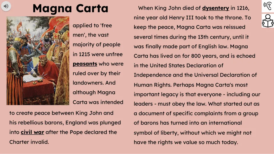 Reading passage concludes with unfree peasants, civil war, Henry III, and the charter's legacy of liberty