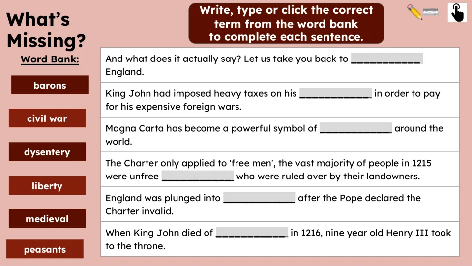 Vocabulary practice asks students to complete six passage sentences using terms from the word bank