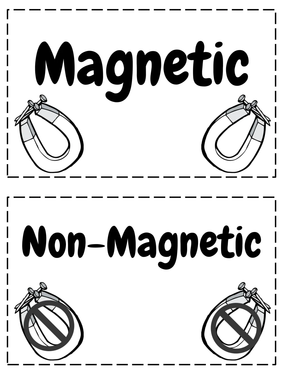 Sorting headers: a Magnetic label with horseshoe magnets and a Non-Magnetic label with crossed-out magnets to cut apart