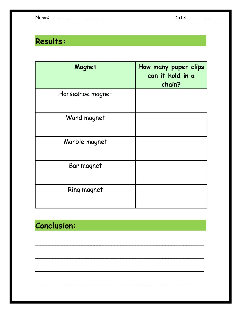 Magnet strength results: students record paper clips held in a chain by horseshoe, wand, marble, bar and ring magnets