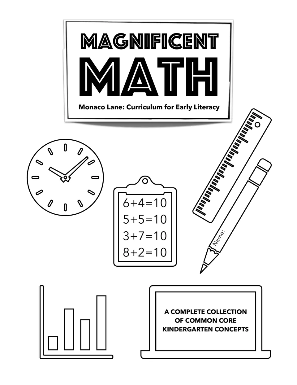 Magnificent Math cover from Monaco Lane: a complete collection of Common Core kindergarten concepts, with clock and ruler