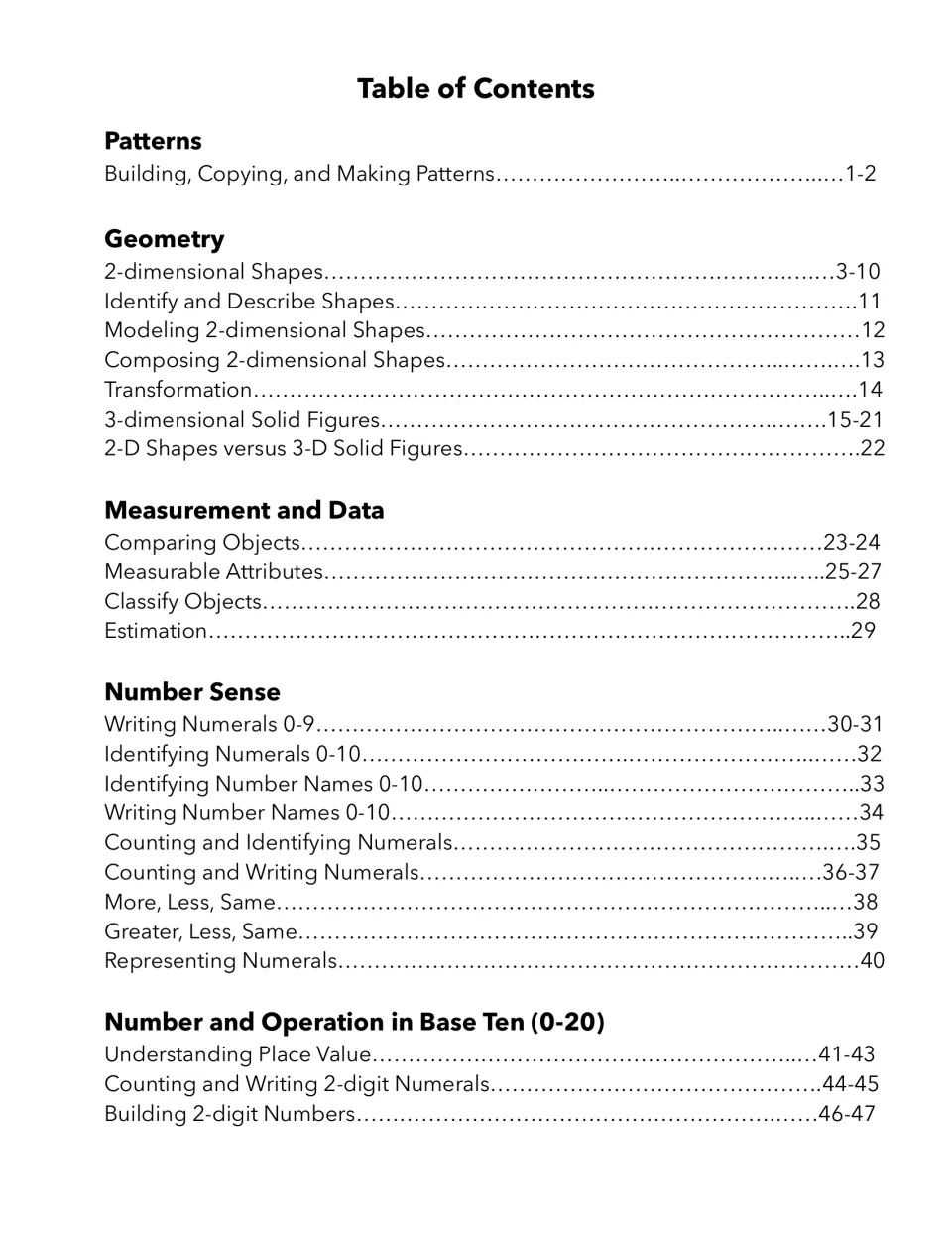 Table of contents, part 1: patterns, geometry, measurement and data, number sense and base ten to 20, with page numbers