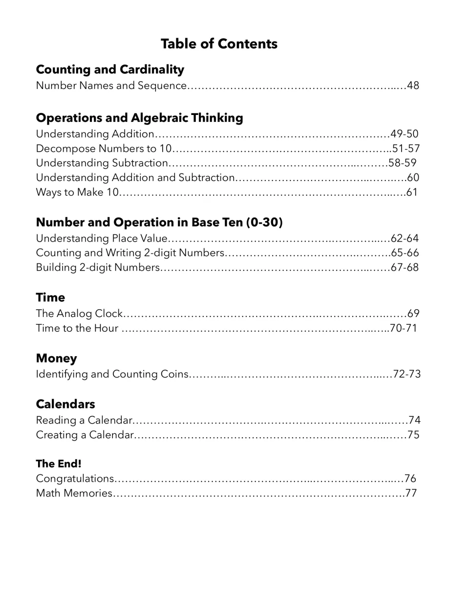 Table of contents, part 2: counting, addition and subtraction, base ten to 30, time, money, calendars and a closing page