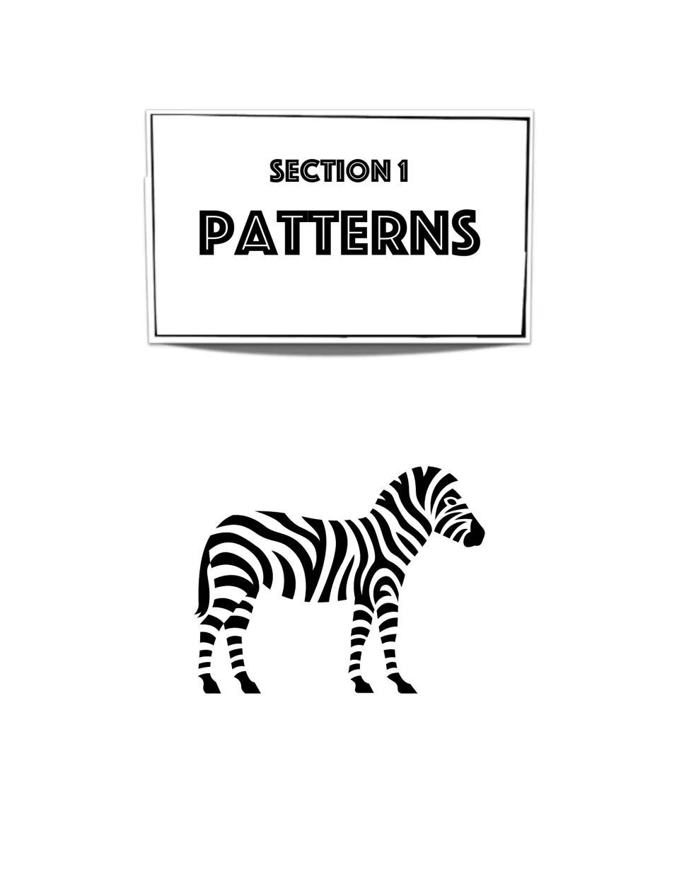 Section 1 divider titled Patterns, shown with a black-and-white striped zebra as the section symbol