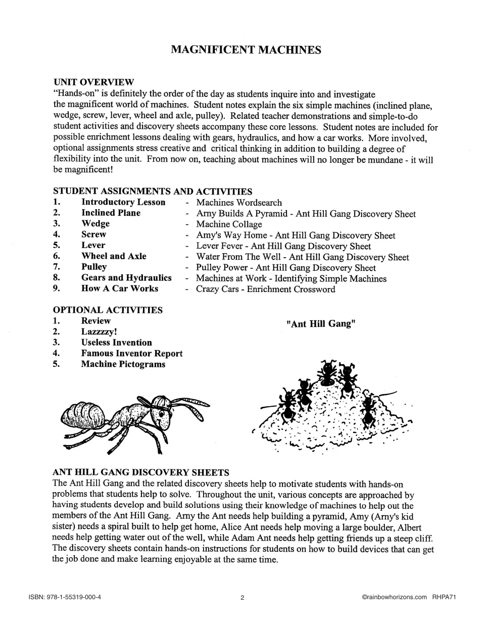 Unit overview listing nine machine lessons, five optional activities, and Ant Hill Gang discovery sheets