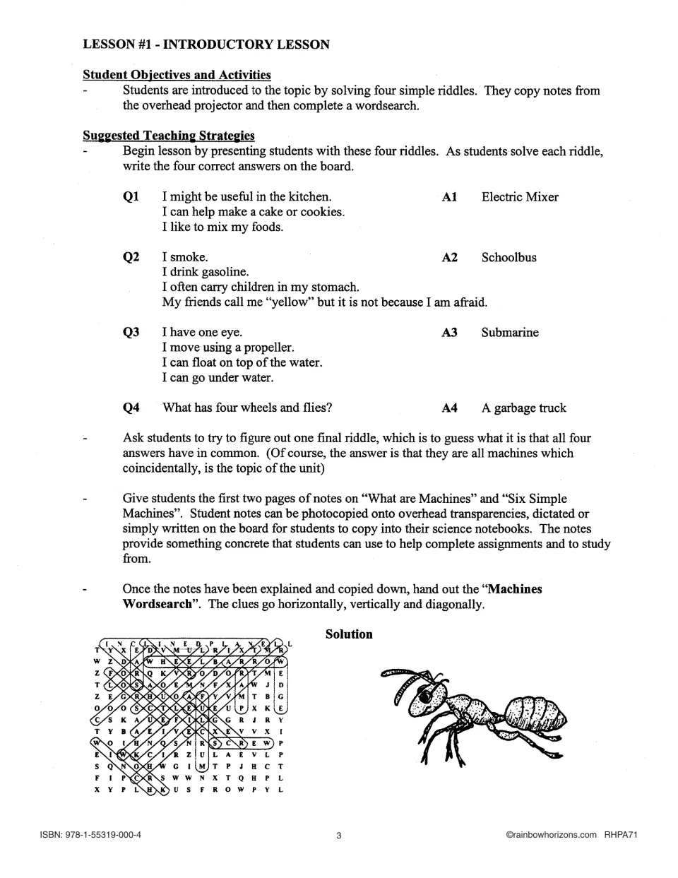 Introductory lesson with four machine riddles, teaching strategies, and the Machines Wordsearch solution