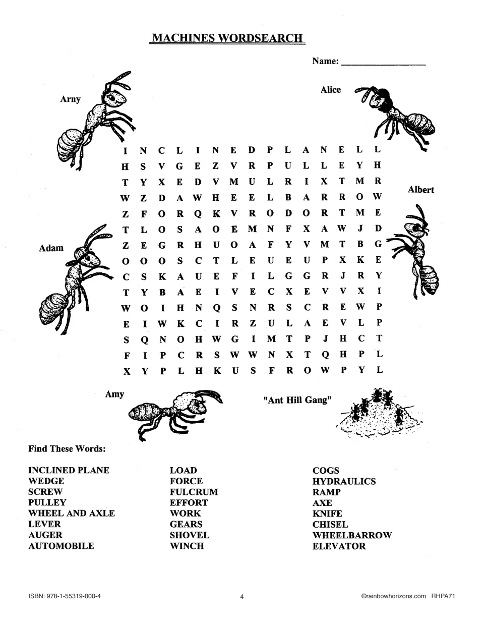Machines Wordsearch activity with 24 terms, including inclined plane, pulley, fulcrum, gears, and hydraulics