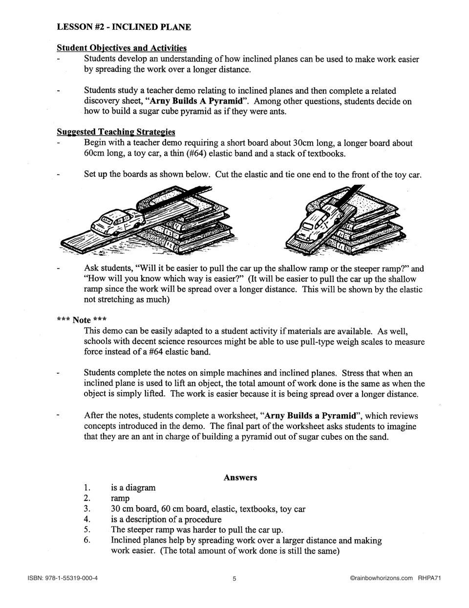 Inclined plane lesson comparing toy cars on shallow and steep ramps, with discovery sheet answers