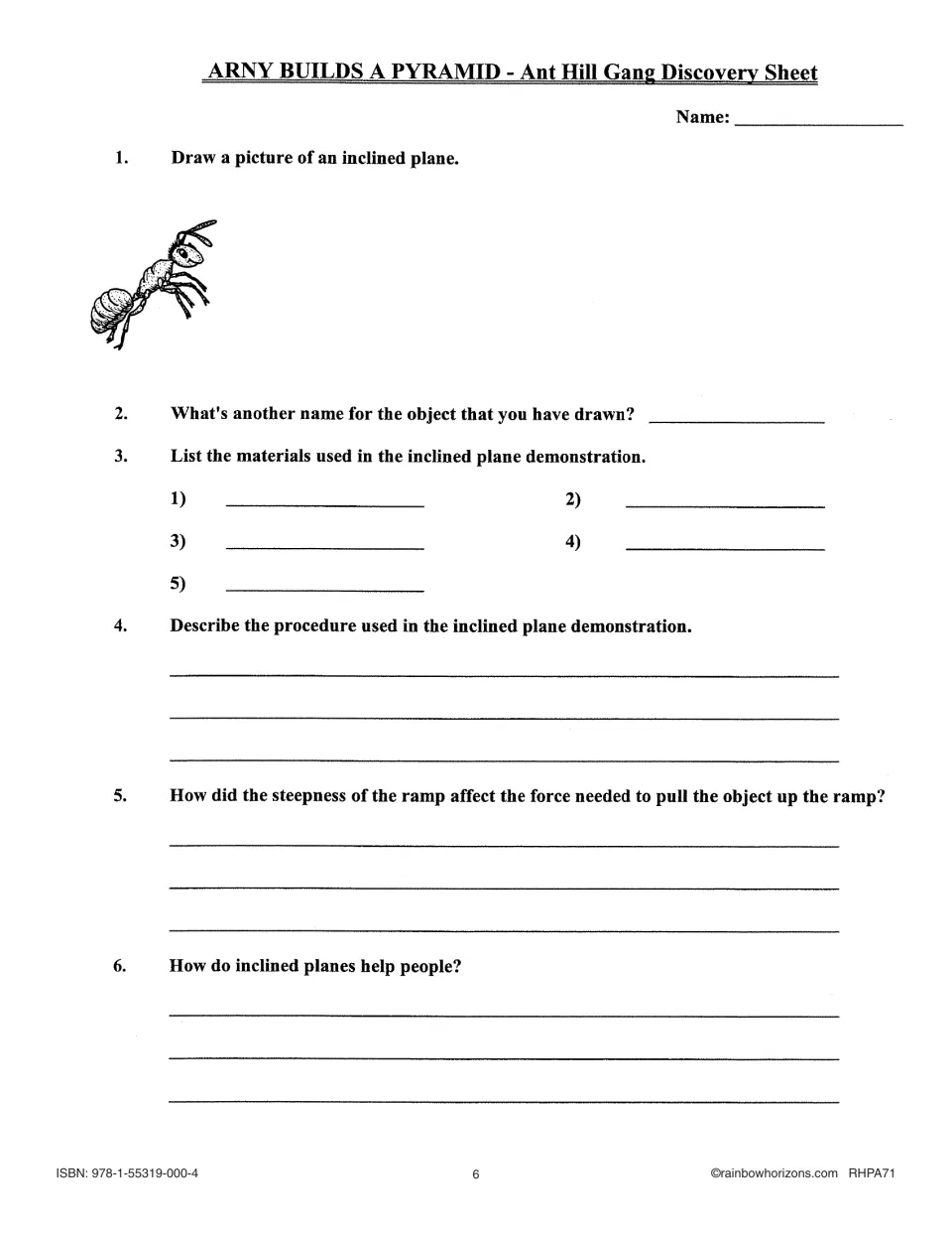Arny Builds a Pyramid discovery sheet asks students to draw an inclined plane and explain the ramp demonstration