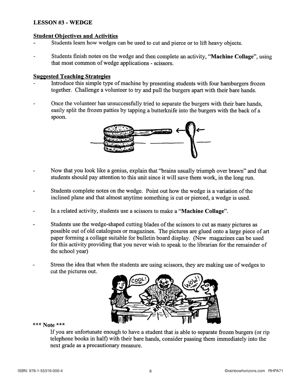 Wedge lesson uses a frozen hamburger demonstration and a Machine Collage activity made with scissors