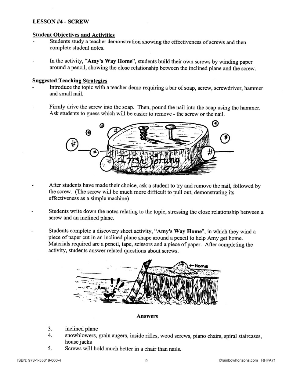 Screw lesson compares a screw and nail in soap and introduces Amy's Way Home, with discovery sheet answers