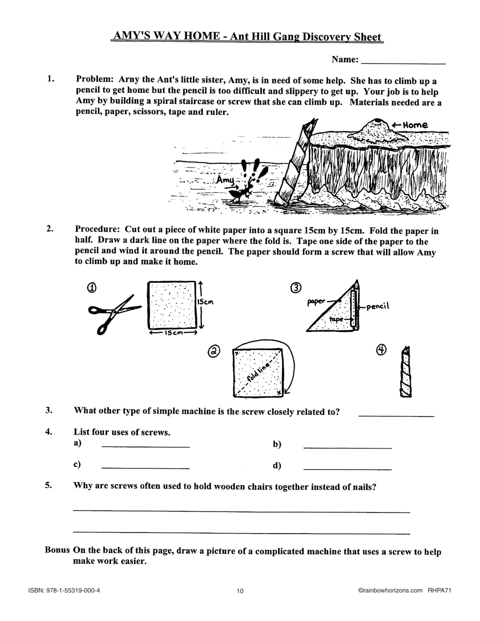 Amy's Way Home discovery sheet guides a paper-and-pencil screw model and asks about screws and inclined planes