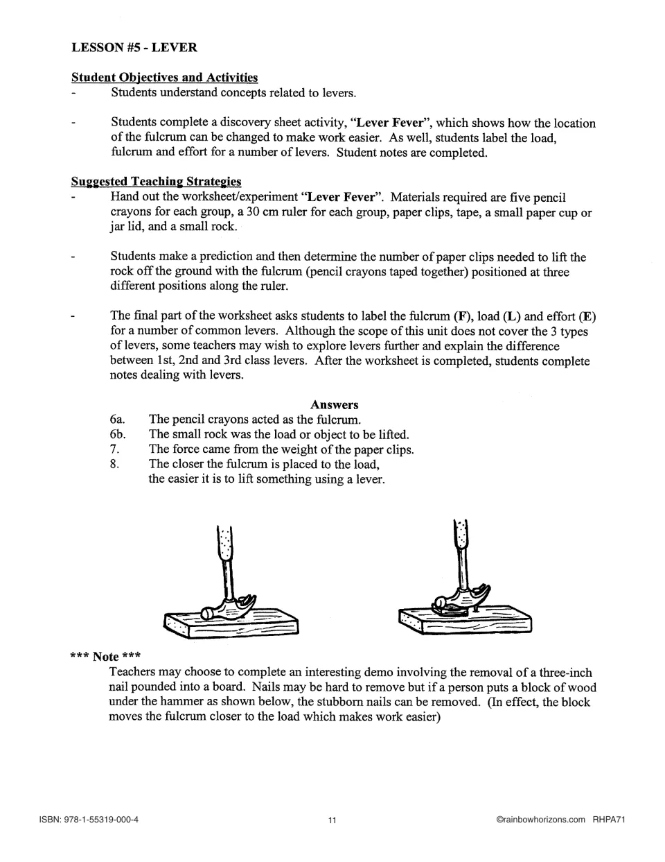 Lever lesson introduces Lever Fever, testing fulcrum positions with a ruler, paper clips, and a rock