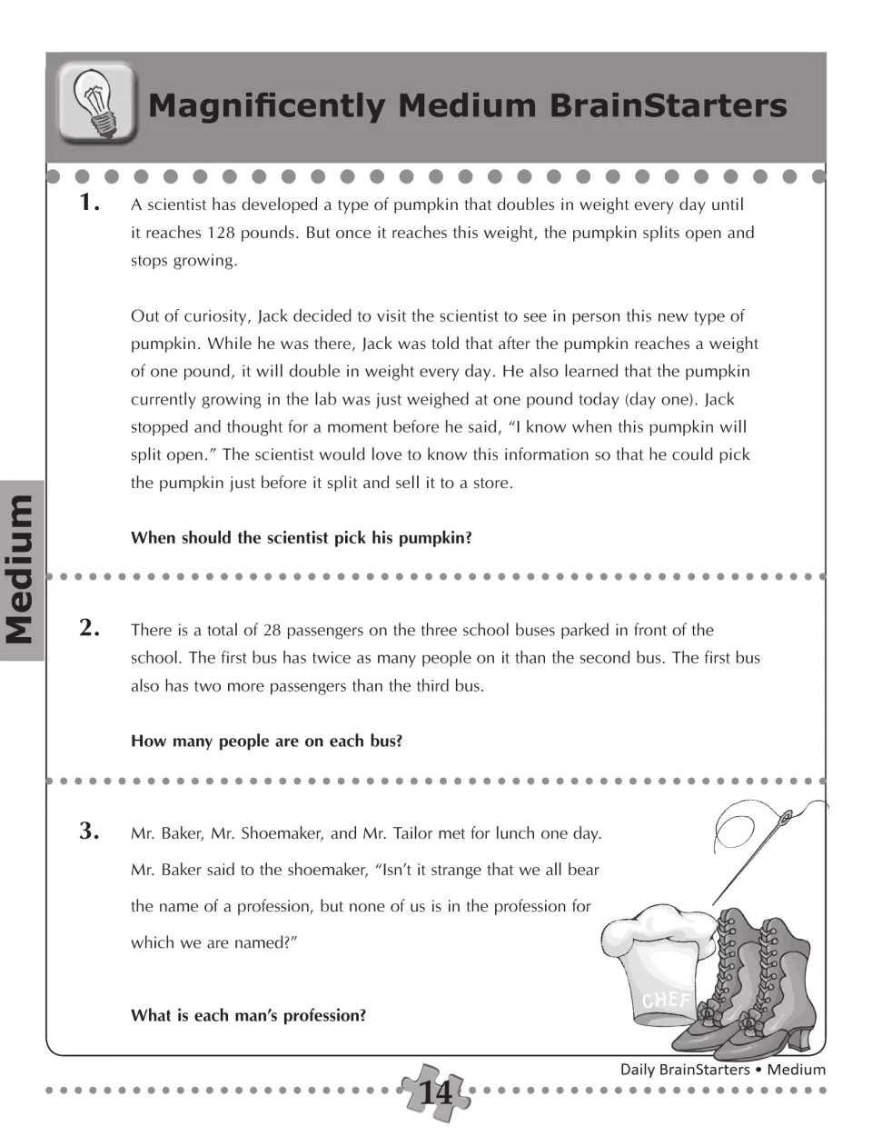 Brainteasers 1–3: a pumpkin doubling to 128 pounds, 28 passengers on three buses, and three men's professions