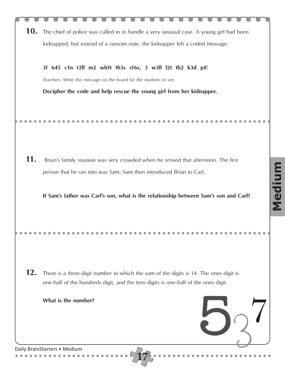 Brainteasers 10–12: decipher a kidnapper's code, trace Sam and Carl's family ties, and find a three-digit number