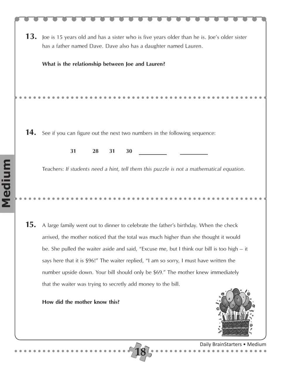 Brainteasers 13–15: identify Joe and Lauren's relationship, extend 31, 28, 31, 30, and examine a $96 dinner bill