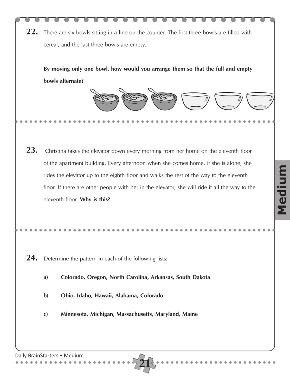 Brainteasers 22–24: alternate full and empty cereal bowls, explain Christina's elevator trips, and find state patterns