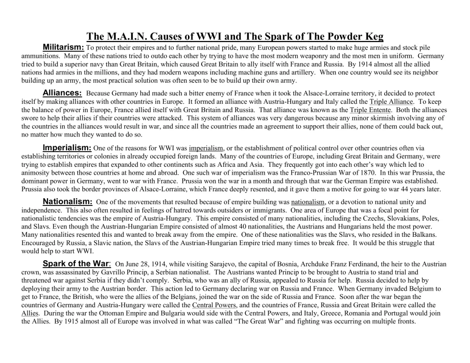 WWI study guide explaining militarism, alliances, imperialism, nationalism, and the spark of the war