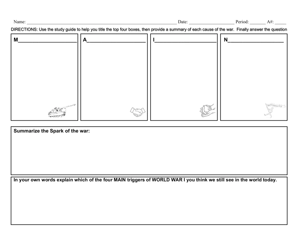 WWI summary chart asking students to explain the MAIN causes, summarize the spark, and connect causes to today